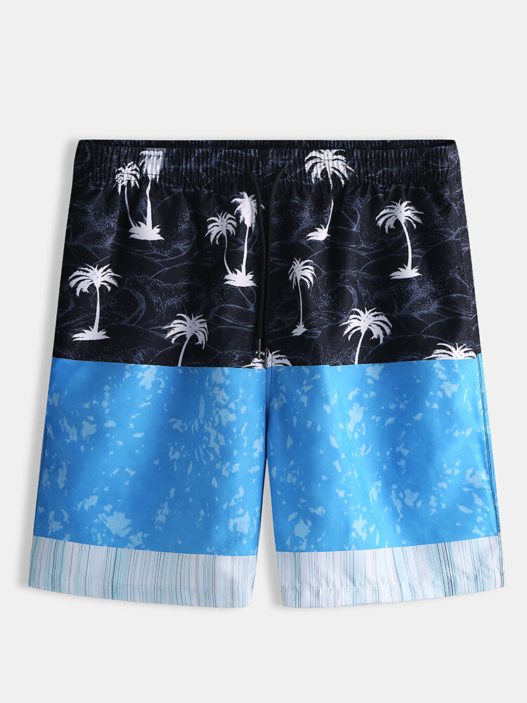 Men Hawaii Coconut Print Blue Board Shorts Holiday Casual Beach Shorts With Pockets