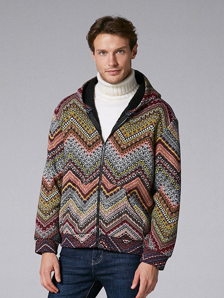 Mens Ethnic Style Printing Fleece Lined Warm Loose Long Sleeve Jackets Hoodies