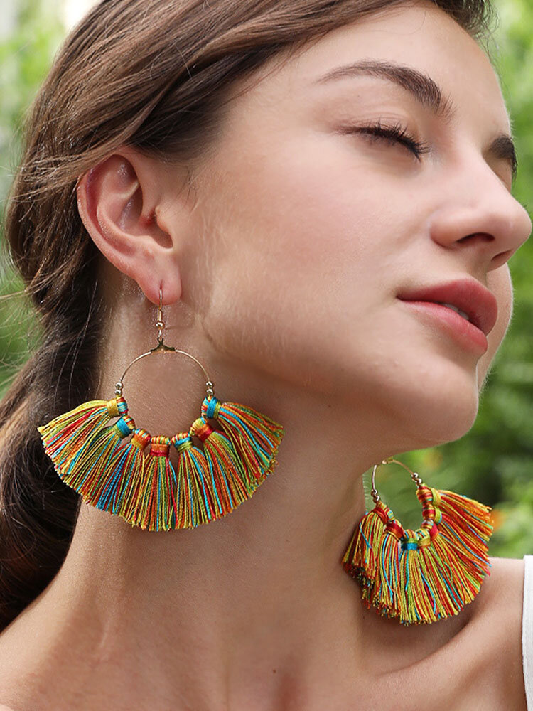 Trendy Bohemian Personality Colorful Scalloped Tassel Cotton Thread Alloy Earrings
