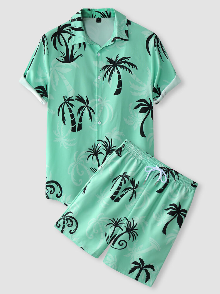Mens Palm Tree Print Button Front Holiday Two Pieces Outfits