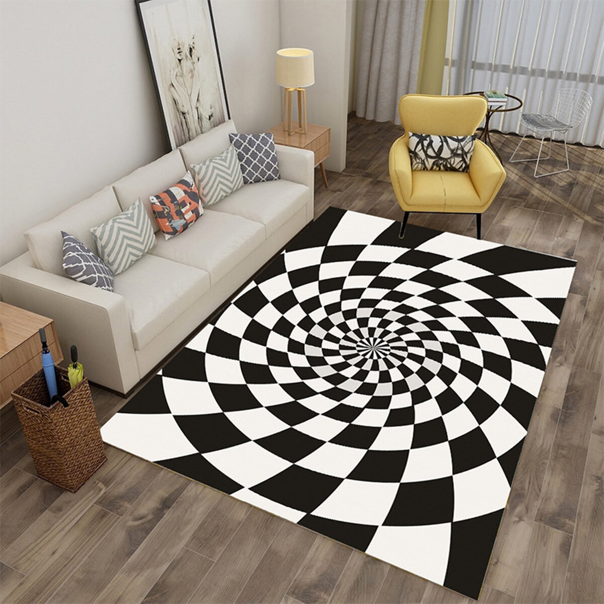 

Checkered Whirlpool Optical Illusions Non Slip Area Rug, Durbale Anti-Slip Floor Mat Non-Woven Black White Doormat, for