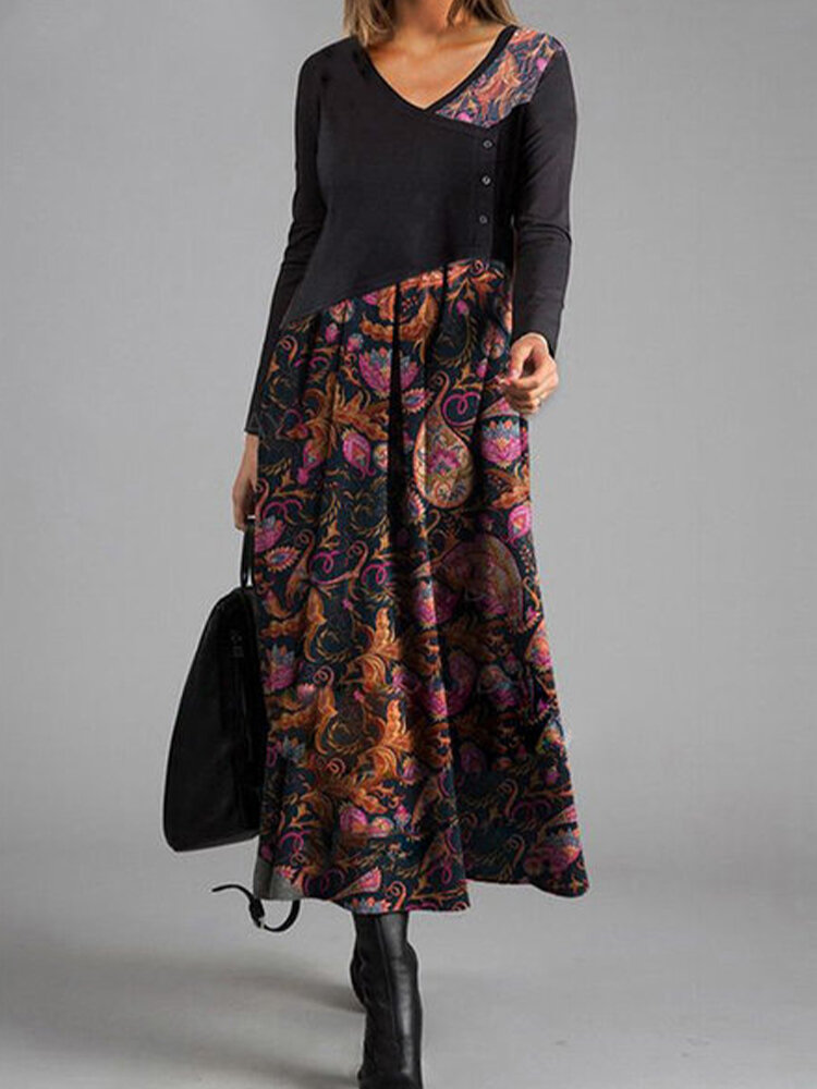 Ethnic Print Patchwork Long Sleeve Vintage Maxi Dress For Women
