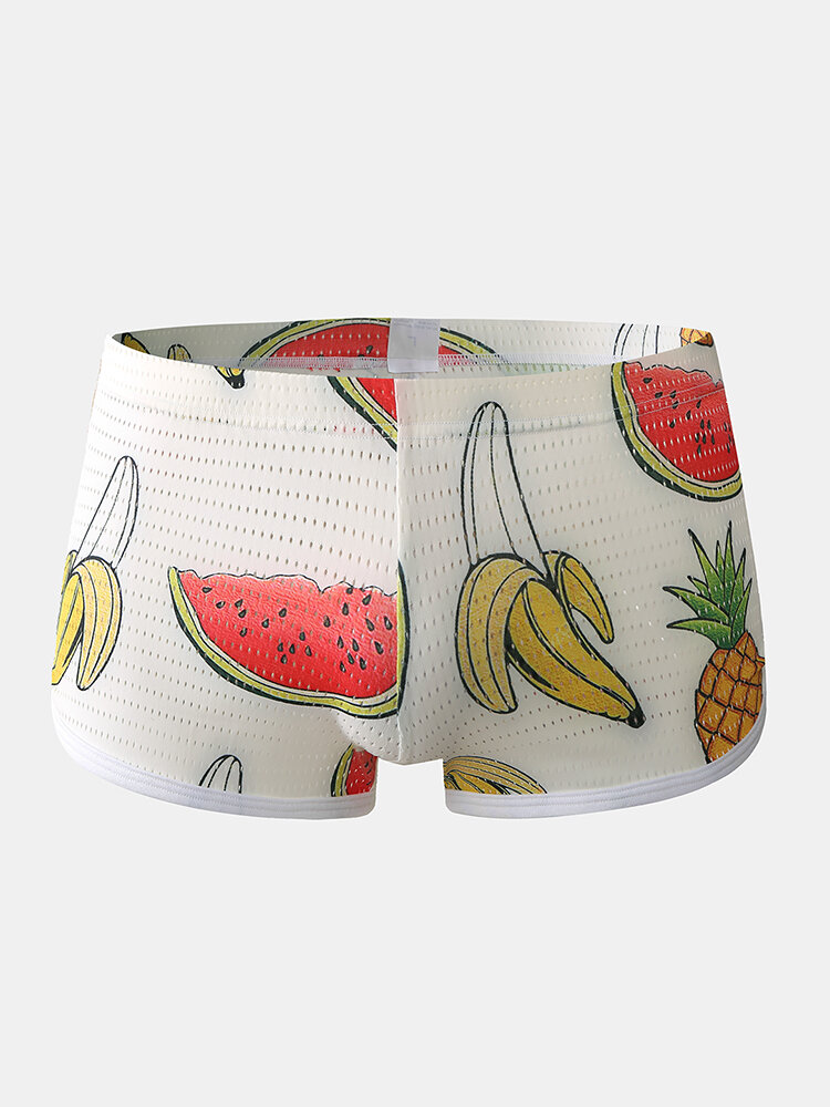Mens Funny Fruit Print Boxer Briefs Mesh Breathable U Convex Underwear