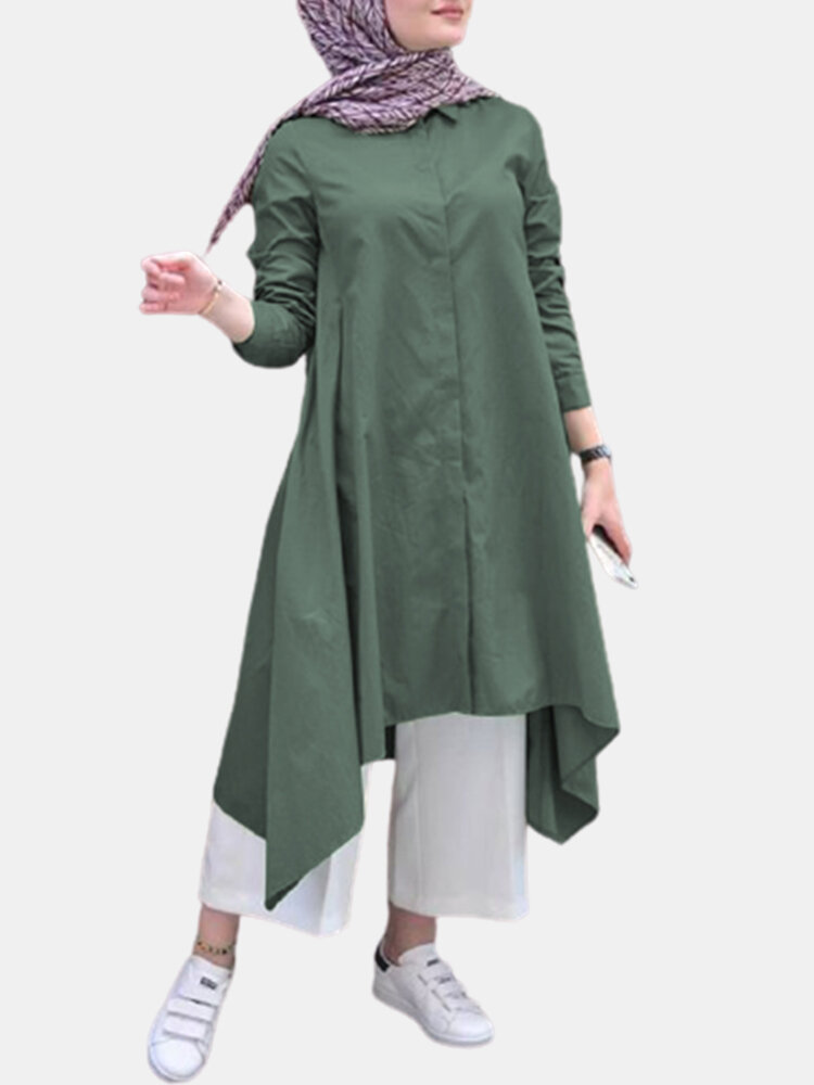 Aysmmetrical Solid Color Long Sleeve O-neck Plus Size Dress