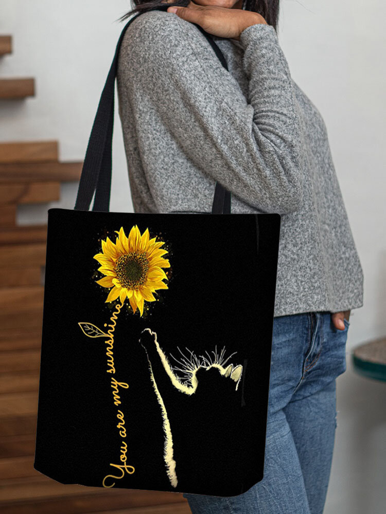 Women Cat Sunflower Pattern Print Handbag Shoulder Bag Tote