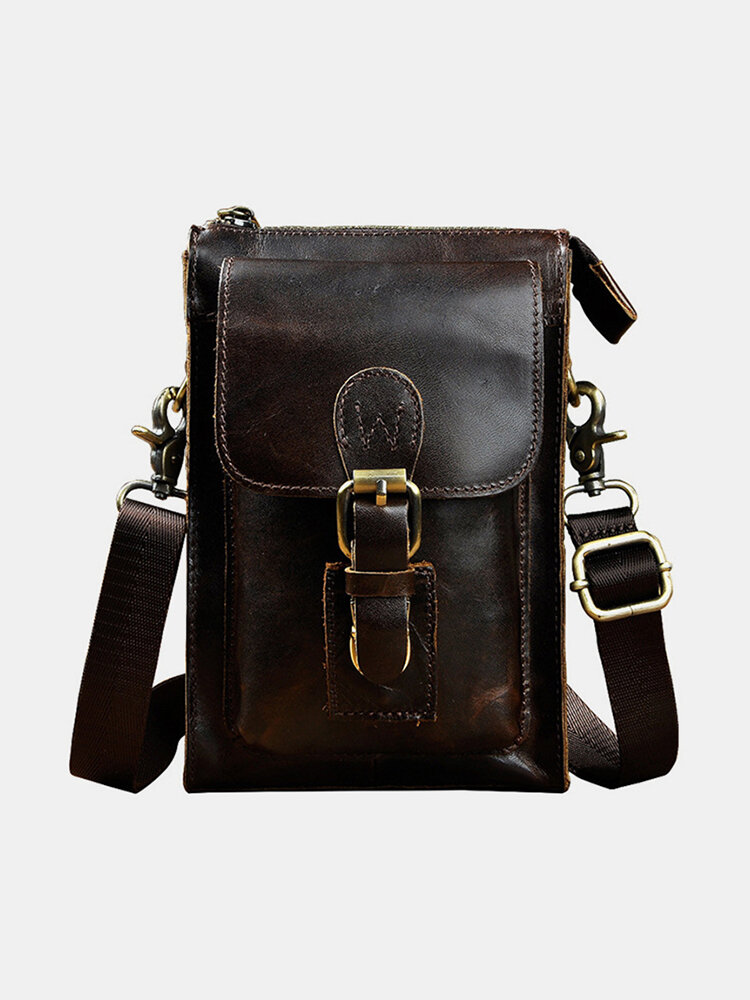 حقيبة كتف متعددة الوظائف للرجال من الجلد الطبيعي بتصميم متين وحزام خصر دائري وحقيبة حزام يومية