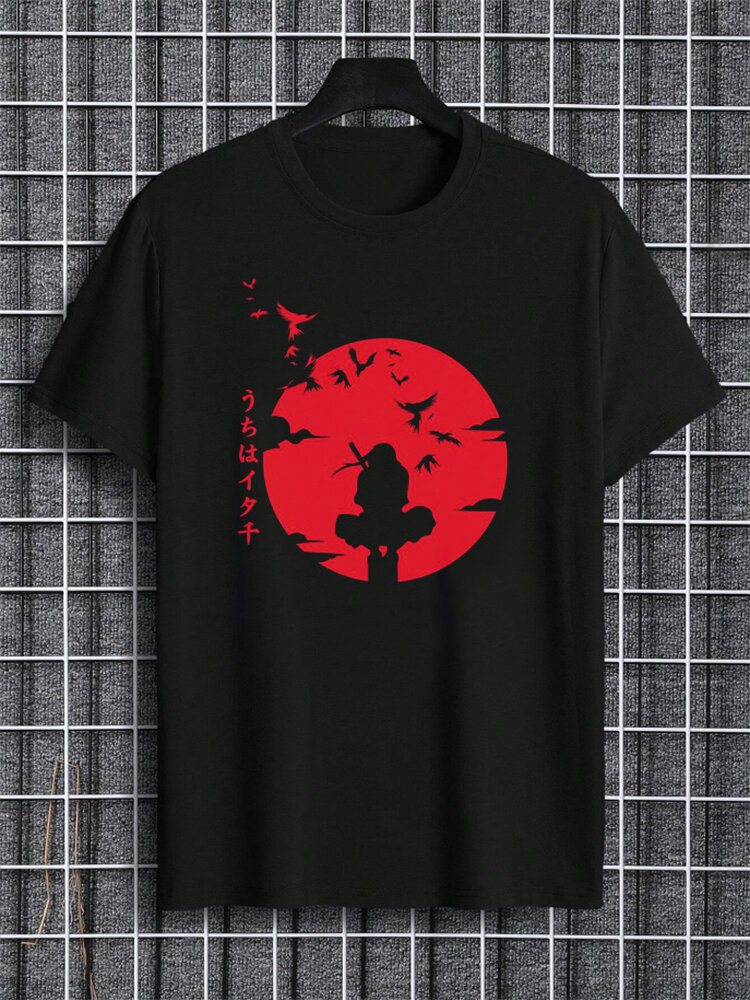 Camisetas masculinas de manga curta com estampa de paisagem japonesa e gola redonda