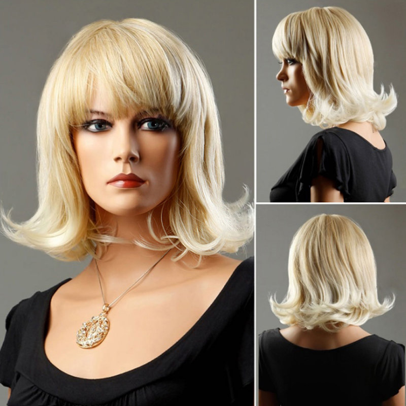 

Synthetic Wigs Light Blonde Full Bangs Medium Length Artificial Hair Wig Fashion Curly Wig Headgear