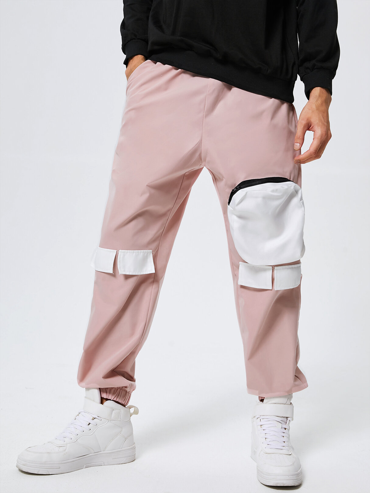 Men Fashion Zip Pocket Drawstring Waist Cargo Pants