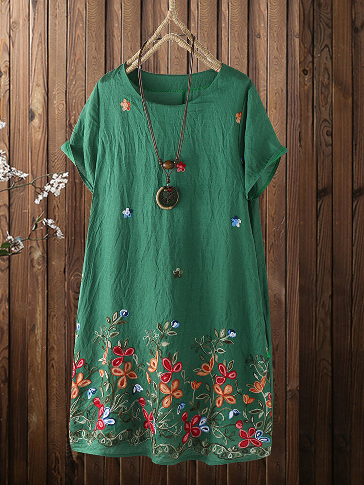 Ethnic Floral Embroidery Plus Size Linen Beaches Dress with Pocket