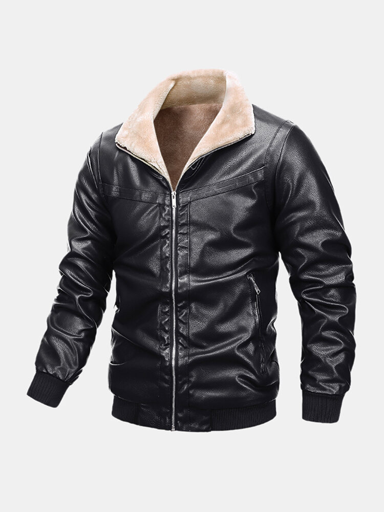 

Mens Plus Velvet Thicken Zipper Warm Leather Look Biker Jacket, Black;wine red