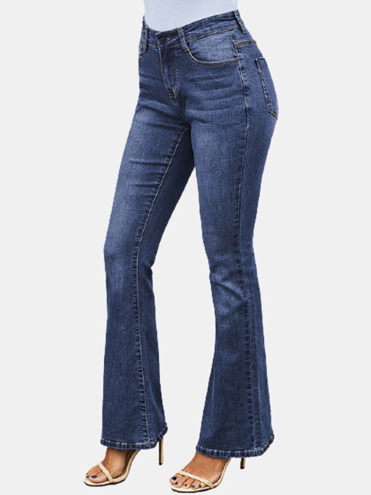 

Denim Flared Trouser Zipper High Waist Jeans For Women, Black;dark blue;light blue