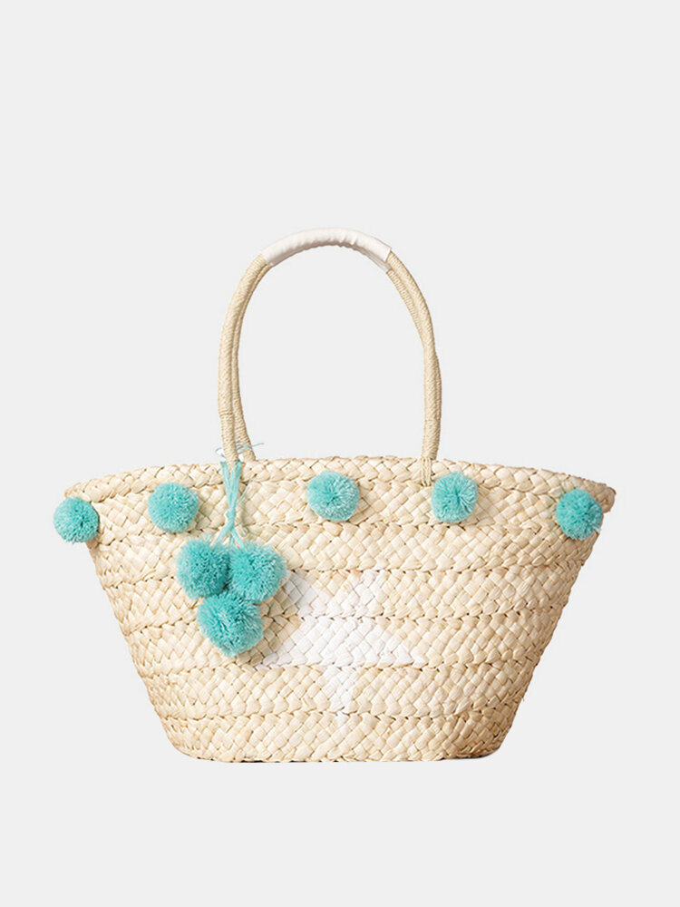 Women Woven Straw Beach Handbag Travel Plush Ball Bag