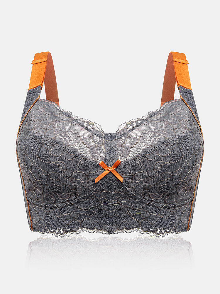 Women Lace Jacquard Contrast Bow Wireless Full Cup Cozy Lightly Lined Bra
