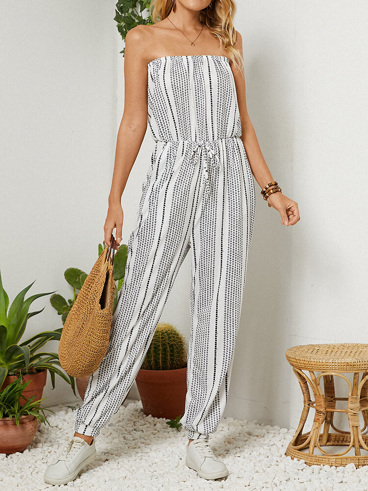 Printed Tie Waist Women Tube Jumpsuit with Pocket