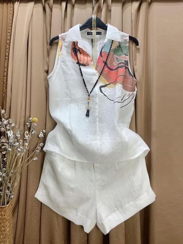 Women Abstract Print Lapel Sleeveless Cotton Casual Co-ords