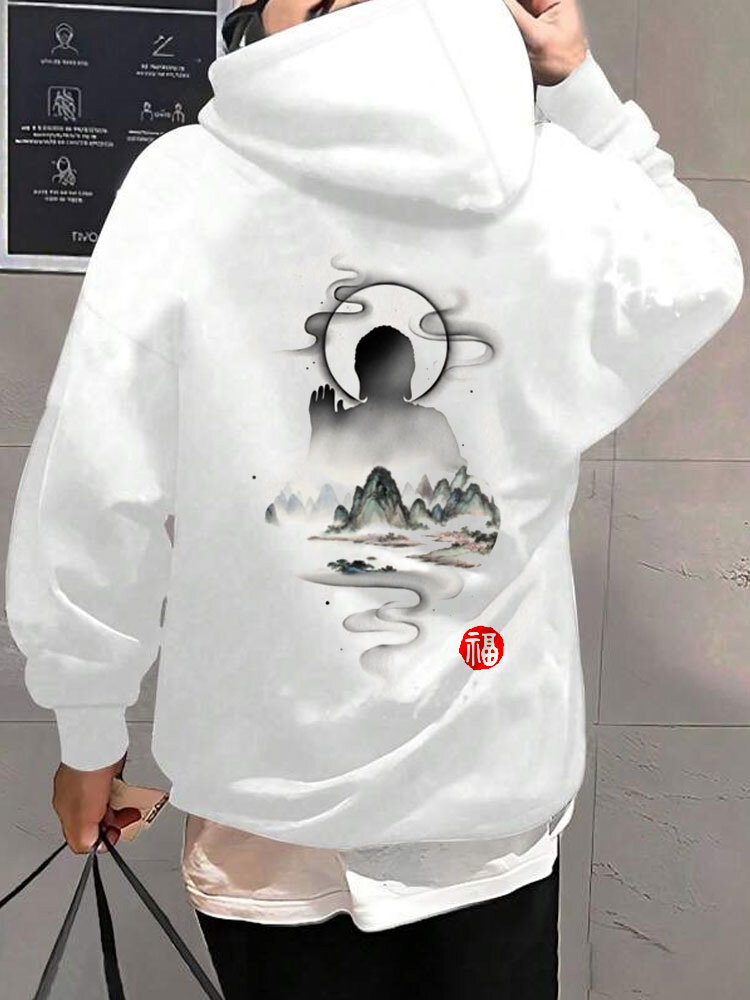 

Mens Chinese Landscape Ink Painting Print Long Sleeve Loose Hoodies Winter, White