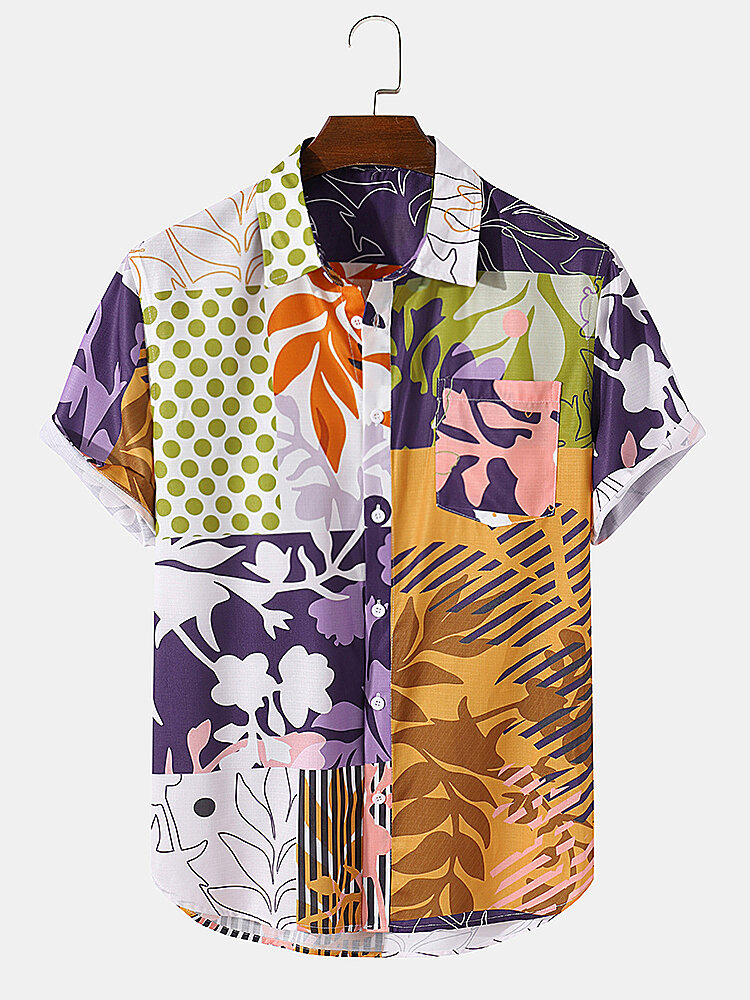 Mens Floral & Color block Polka Dot Print Short Sleeve Holiday Shirt With Pocket