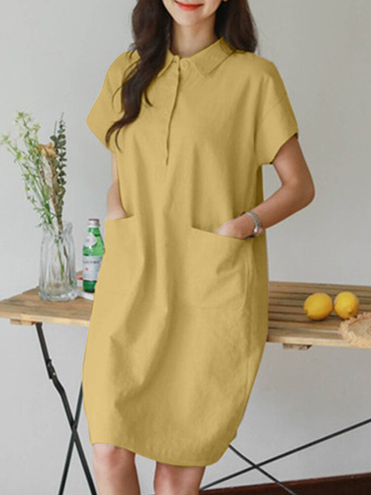 Solid Button Short Sleeve Lapel Cotton Pocket Dress
