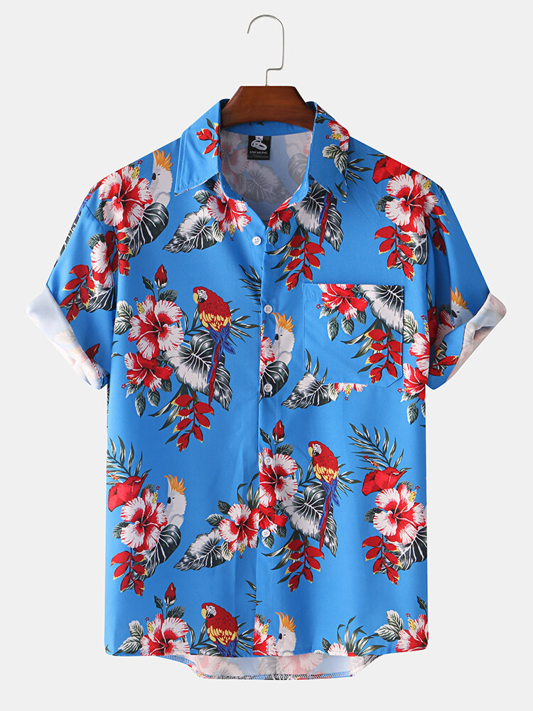Mens Tropical Flower & Parrot Floral Printed Short Sleeve Shirt