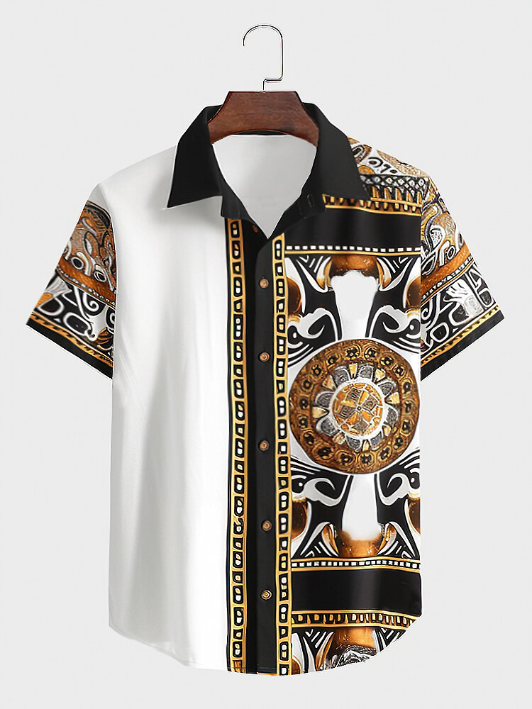 Mens Ethnic Totem Print Patchwork Button Up Short Sleeve Shirts