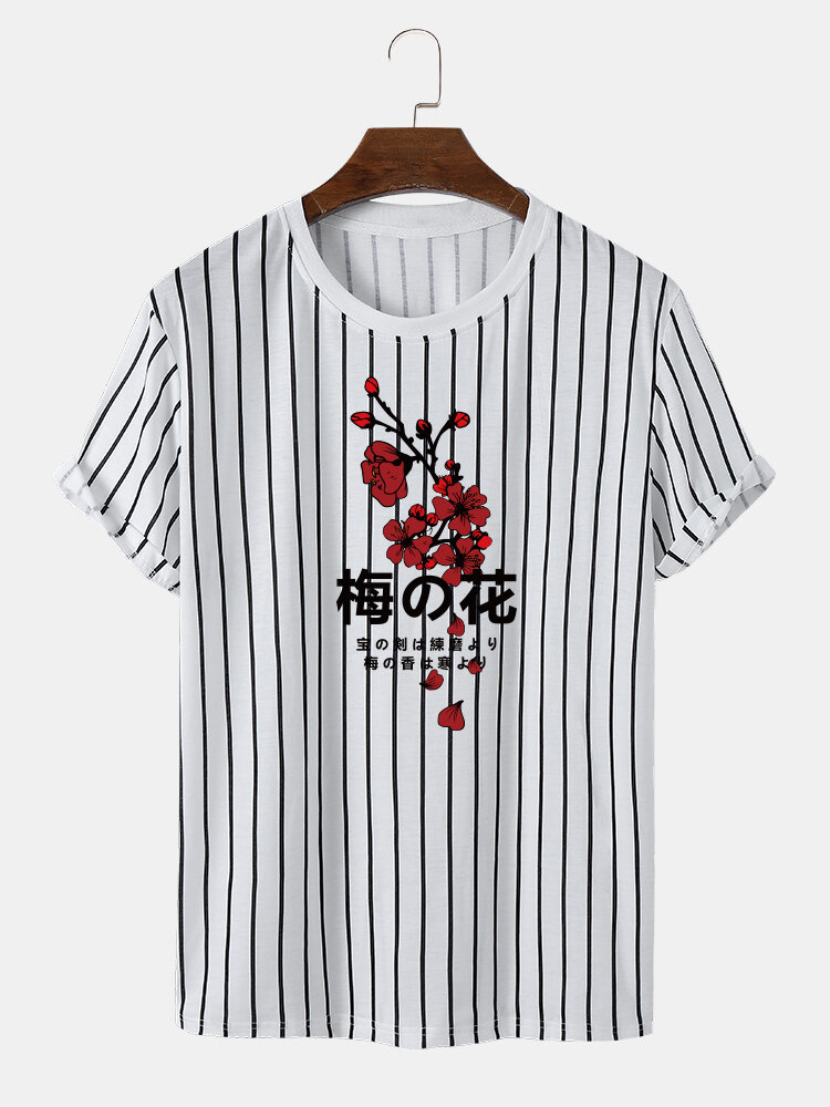 

Mens Plum Blossom Character Print Striped Crew Neck Short Sleeve T-Shirts, Black;white