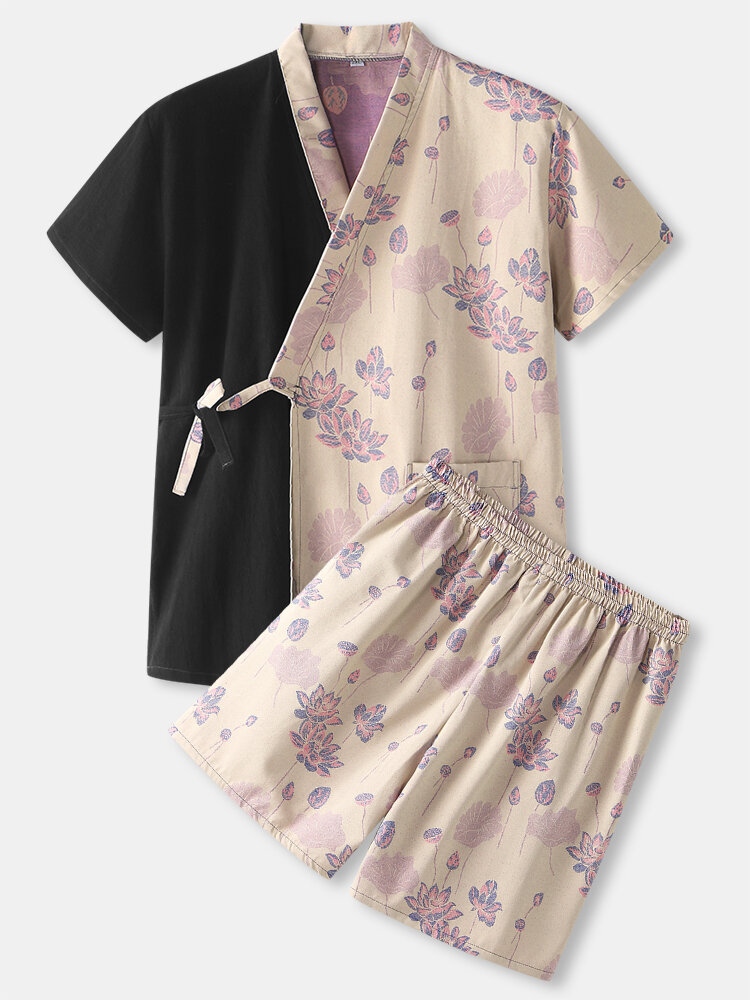 Mens Cotton Contrast Color Floral Print Lace-Up Cotton Two-Piece Sauna Bathwear Home Pajamas
