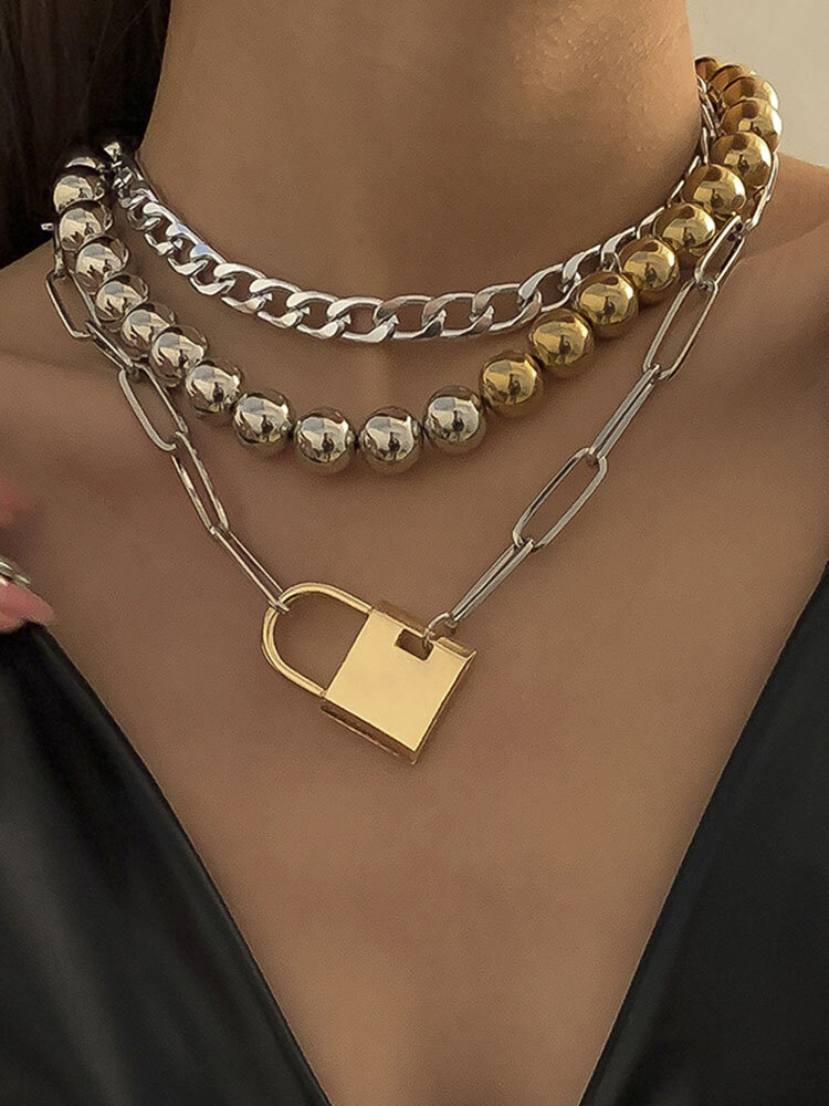 Vintage Punk Alloy Round Bead Chain Geometric Lock Necklace