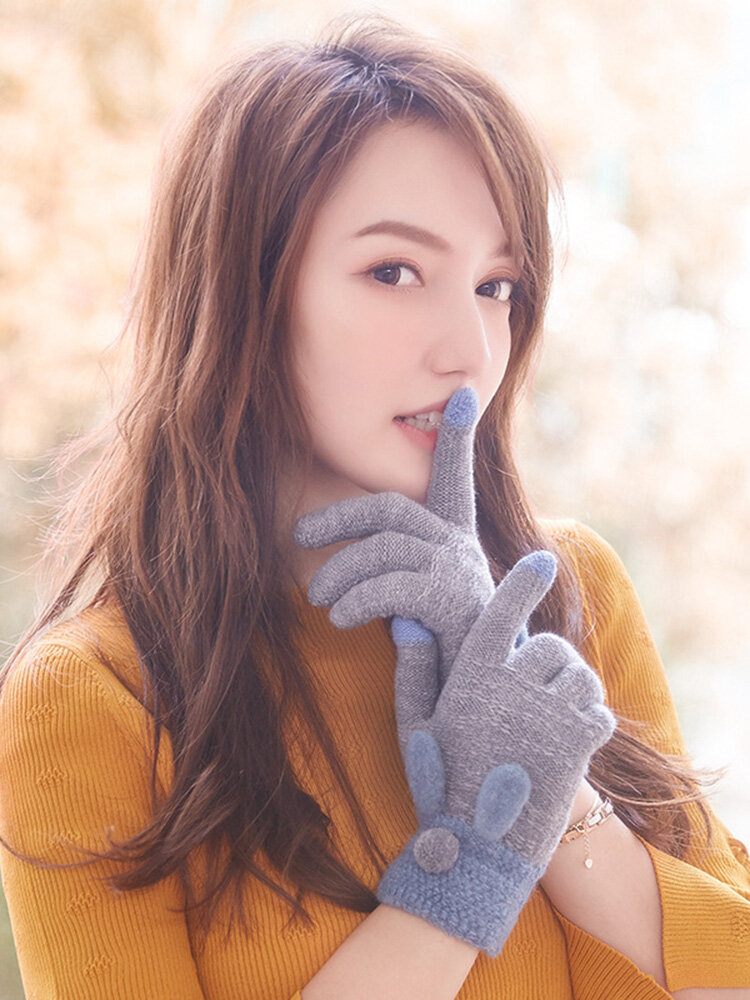 Women Winter Warm Wool Velvet Knit Rabbit Ears Full Finger Gloves Indoor Outdoor Vogue Cute Gloves