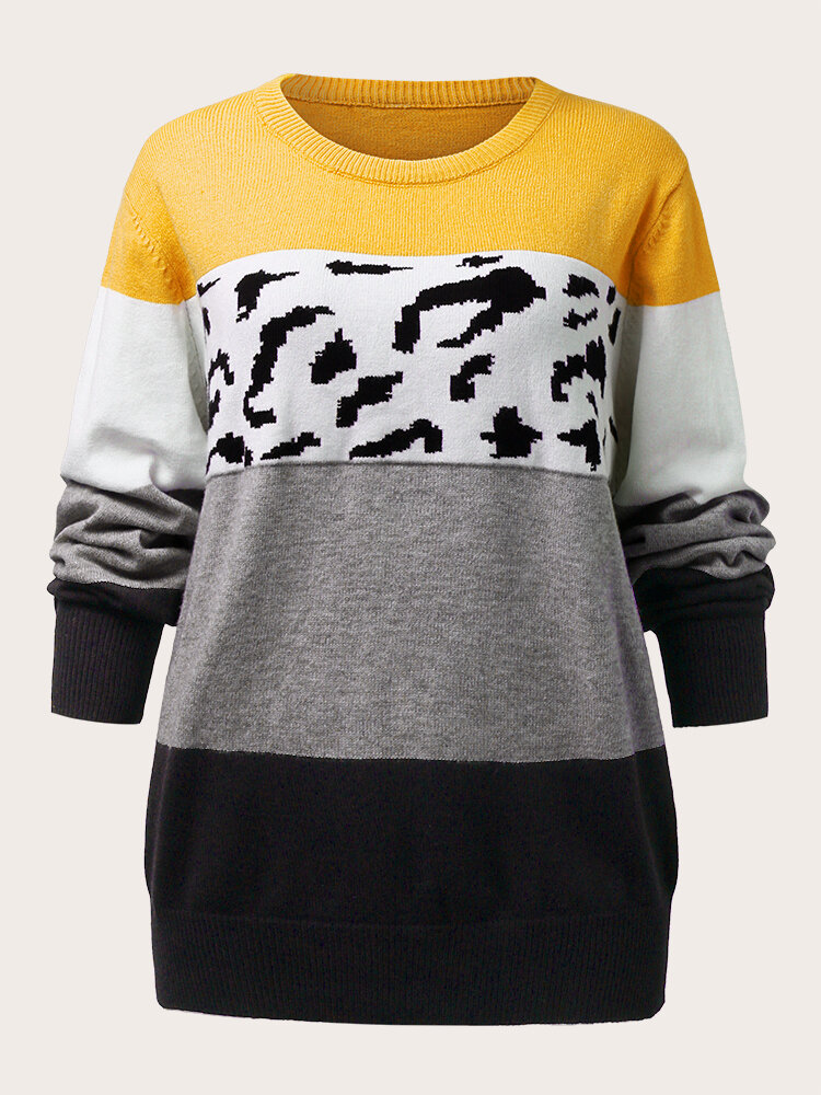 Plus Size Cow Print O-neck Patchwork Casual Sweater