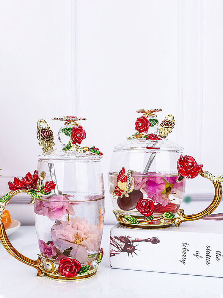 

Crystal Glass Enamel Rose Flower Tea Cup Juice Coffee Mugs Festival Gift, Red;blue