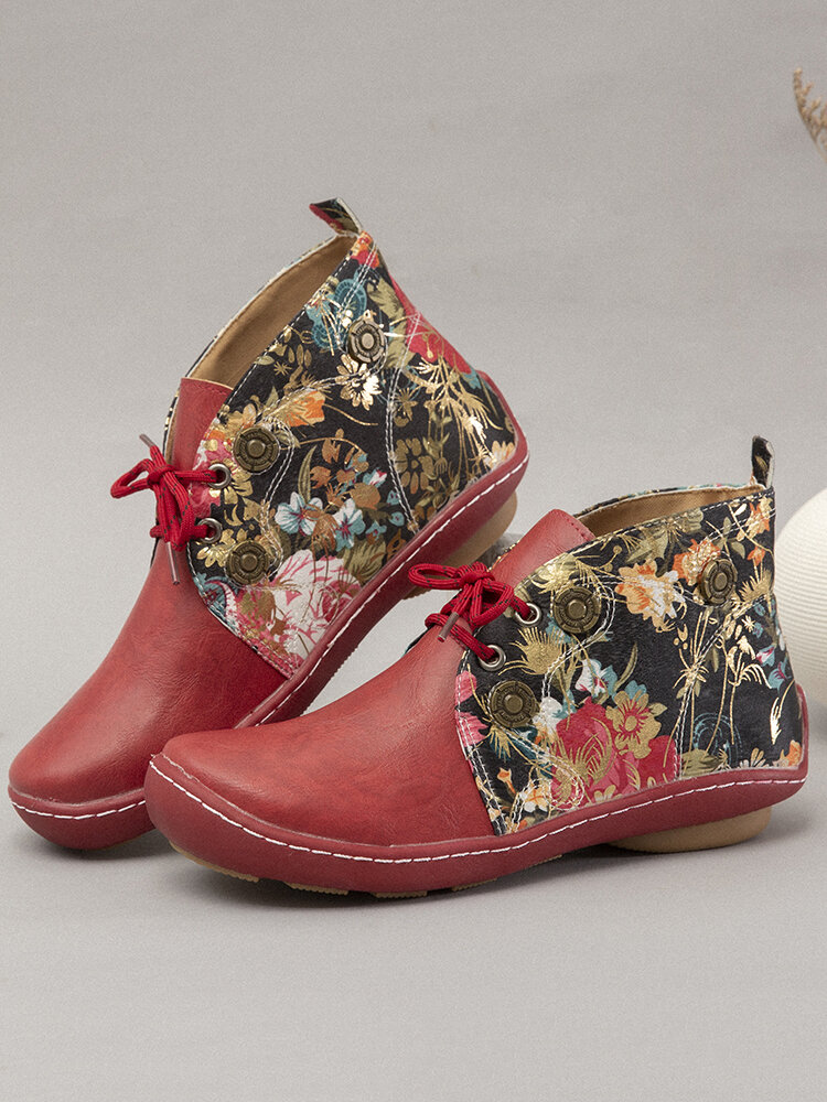 LOSTISY Flowers Padrão Biqueira Redondo Cor Sólida Confortável com Cadarço Flat Ankle Boots