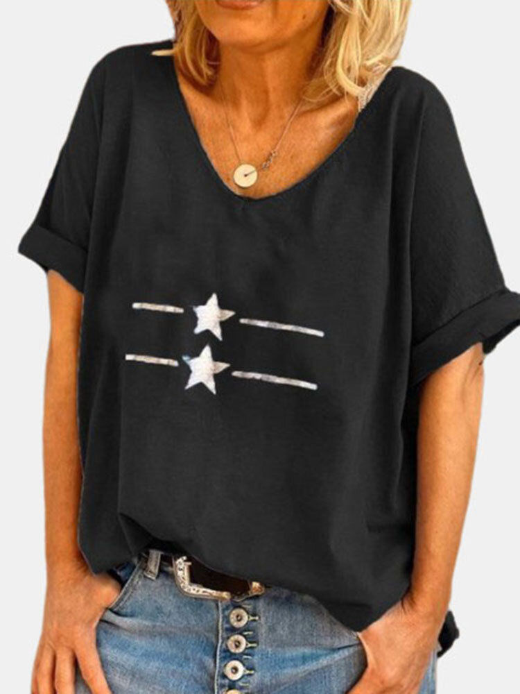 Star Printed V-neck Short Sleeve T-shirt For Women