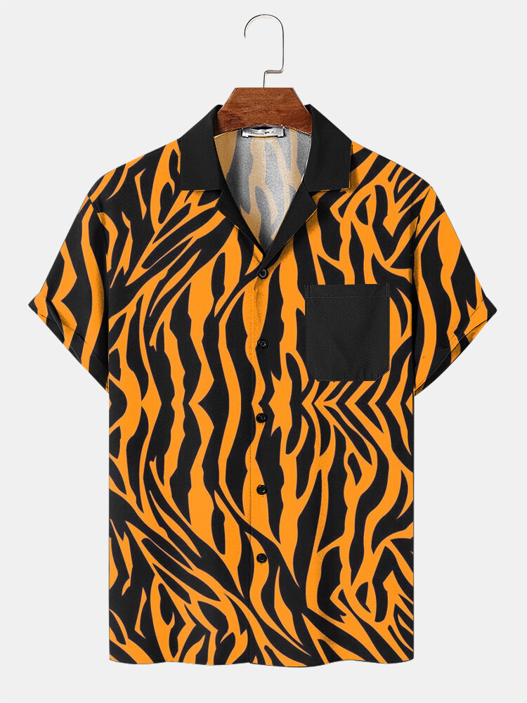 

Mens Zebra Pattern Revere Collar Short Sleeve Shirts With Pocket, Yellow