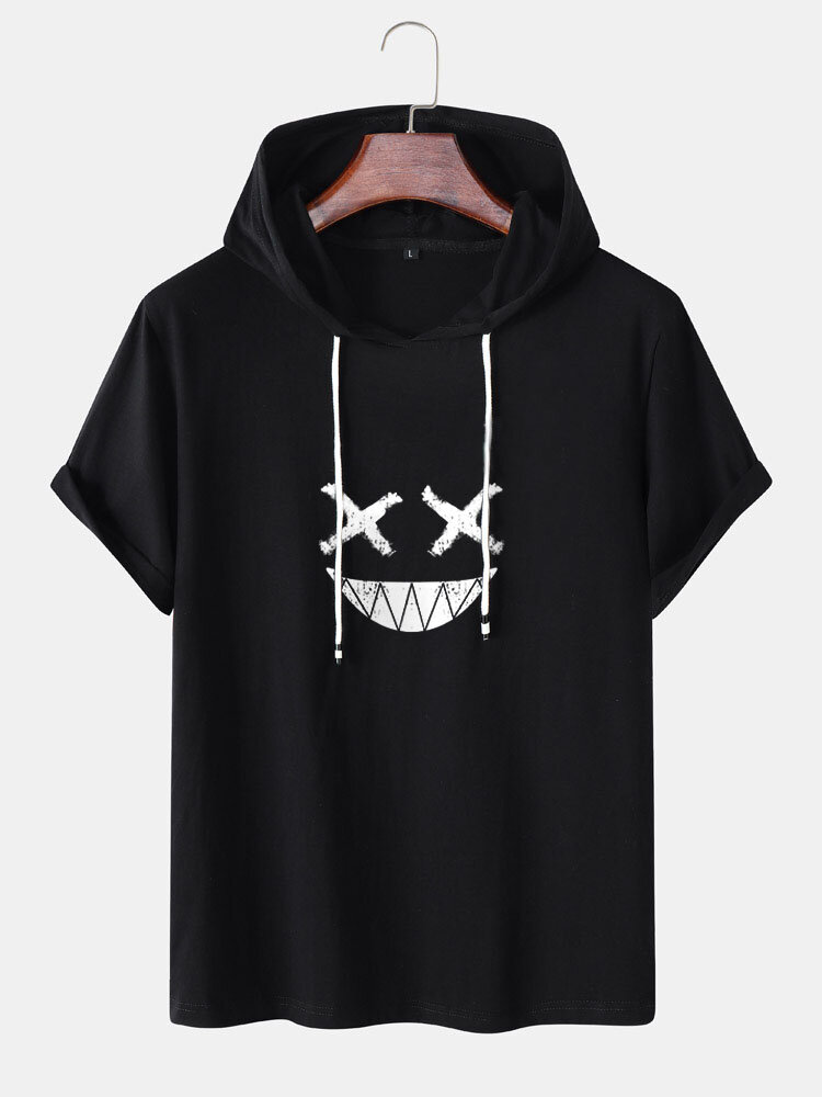 Mens Funny Face Graphic Short Sleeve Drawstring Hooded T-Shirts