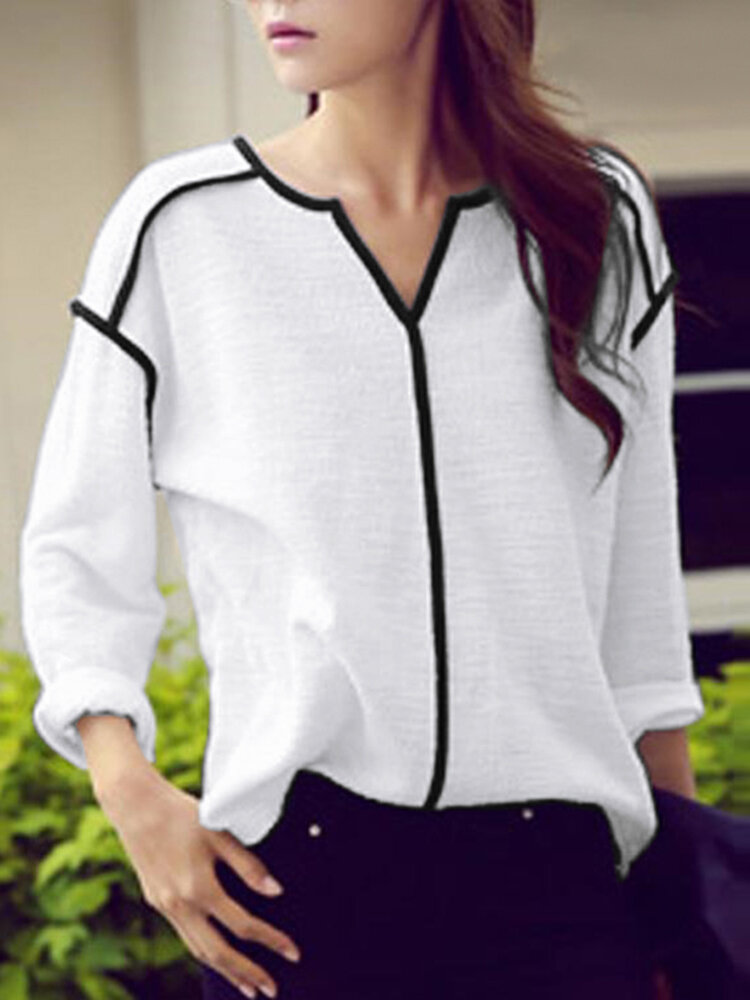 Contrast Long Sleeve V-neck Casual Blouse For Women