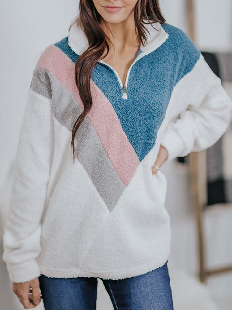 Color Block Contrast Patchwork Lapel Collar Plush Sweater
