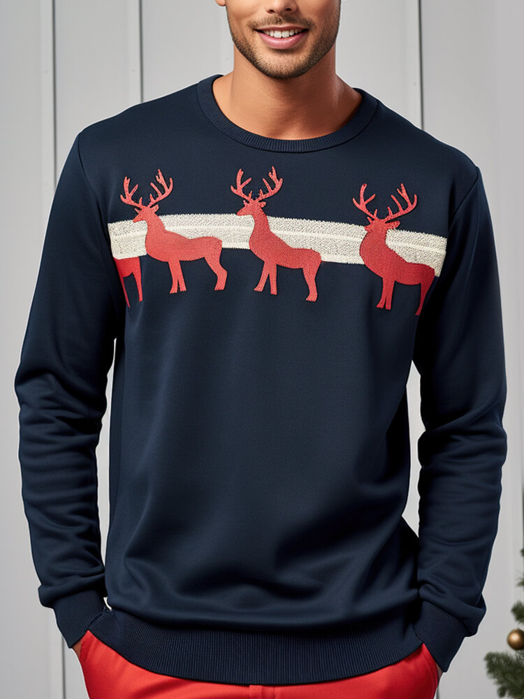Mens Christmas Elk Print Crew Neck Loose Pullover Sweatshirts