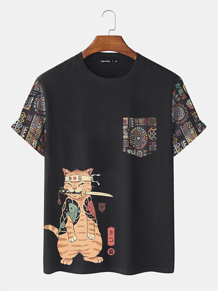 Mens Japanese Cat Geometric Print Crew Neck Short Sleeve T-Shirts