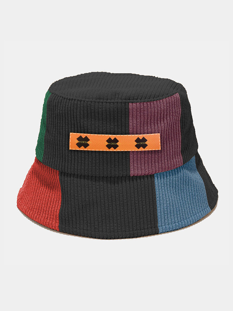 Unisex Corduroy Color Contrast Patchwork X Pattern Patch Fashion Bucket Hat