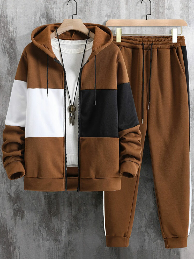 Mens Color Block Patchwork Casual Hooded Two Pieces Outfits Winter