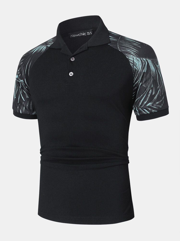 

Mens Tropical Leaf Print Raglan Sleeve Holiday Black Golf Shirt