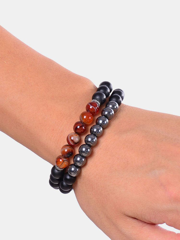 1/2 Pcs Vintage Classic Wooden Bead Frosted Natural Stone Combination Bracelet Personality Hand Braided Bracelet