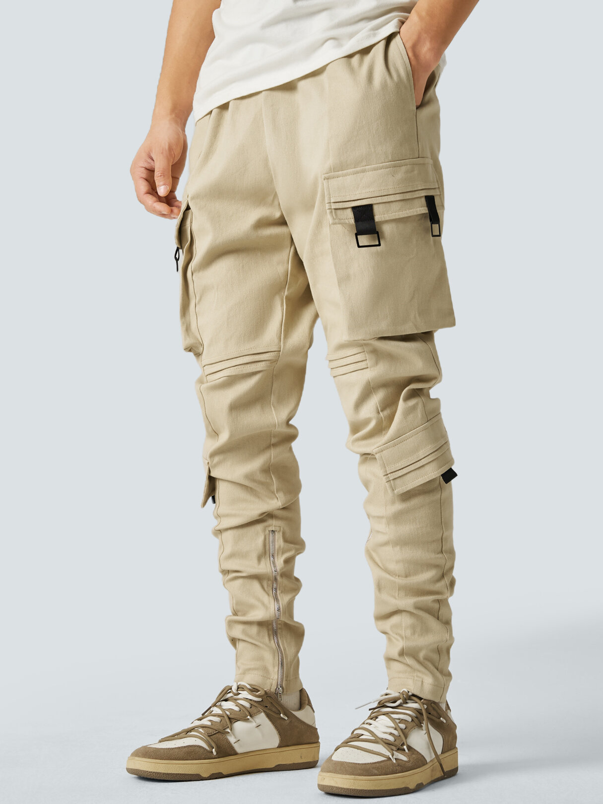 Mens Pure Color Multi Pocket Zip Cuff Cargo Pants