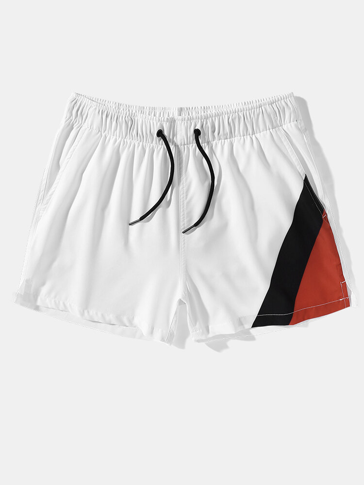 Mens Color Block Quick Dry Lined Casual Drawstring Swim Trunks