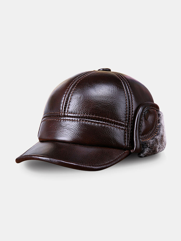 Men Cowhide Genuine Leather Baseball Cap Earflaps Earmuff Bomber Velvet Linen Hat