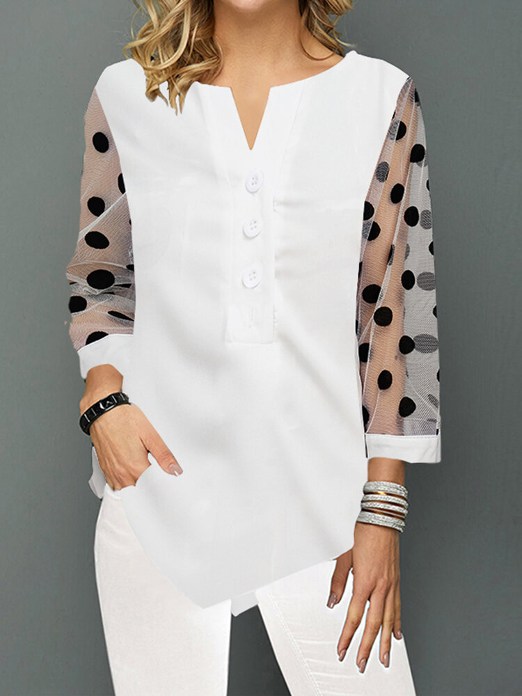 

Polka Dot Print Lace Patchwork Asymmetrical V-neck Vintage Plus Size Blouse, Black;white