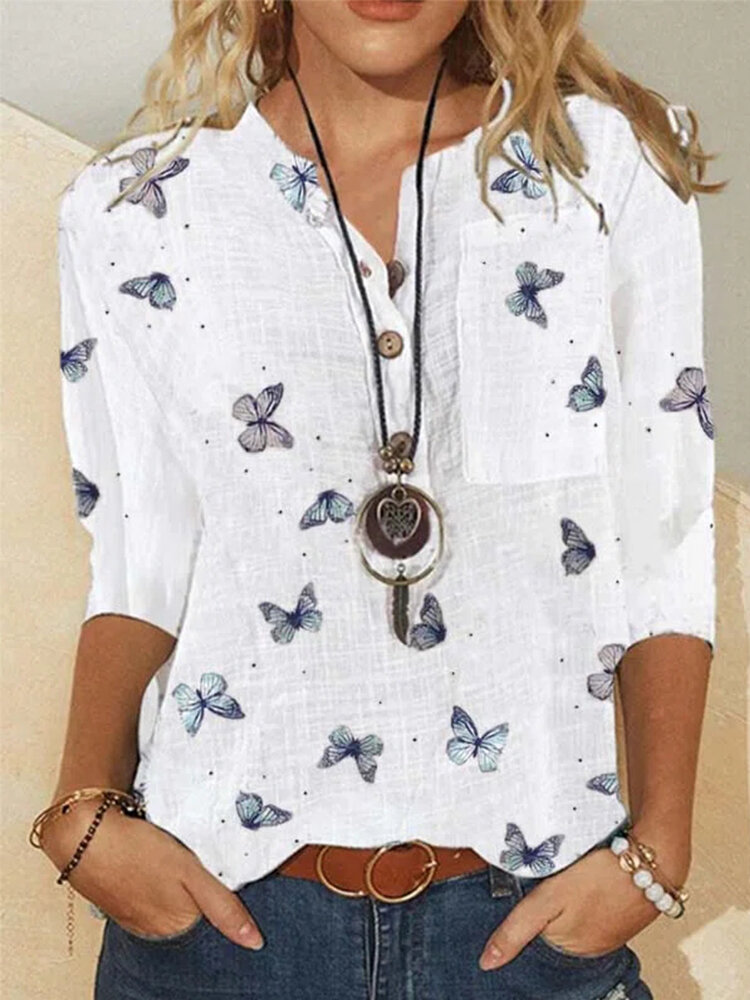 Butterfly Print Long Sleeve Button Stand Collar Women Blouse