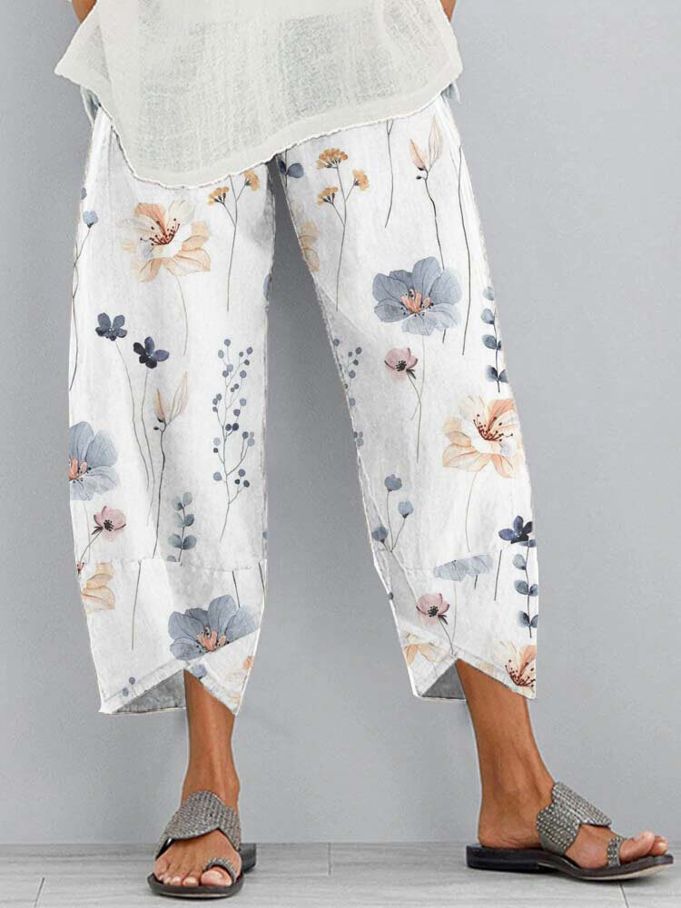 

Women Allover Floral Plant Print Irregular Cuff Cropped Pants, White