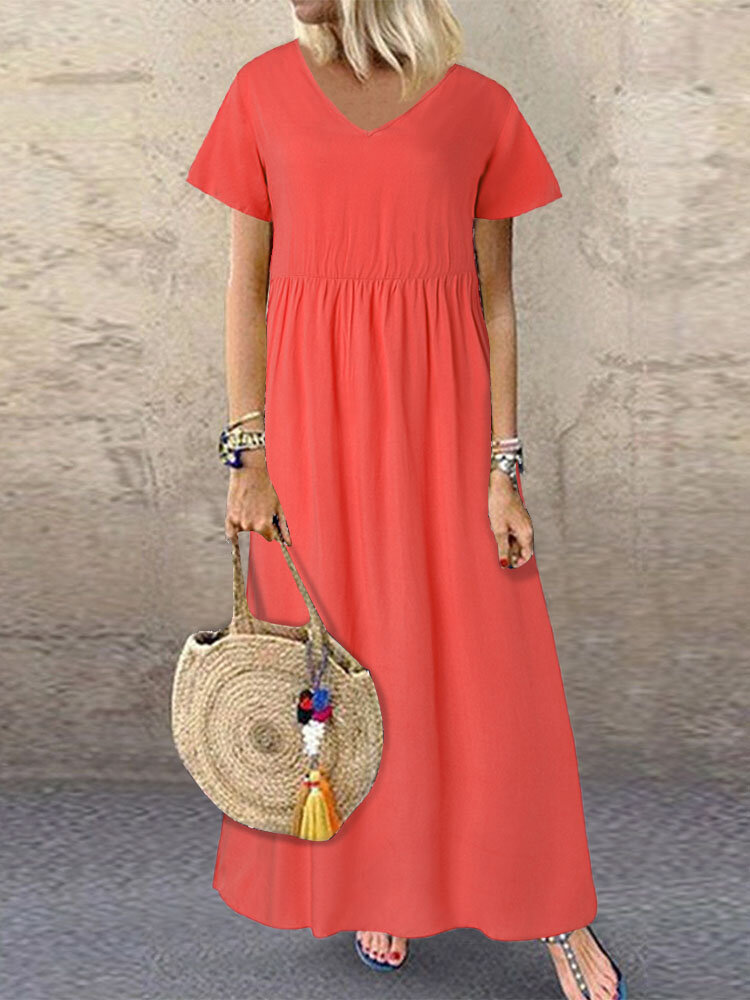 Casual Solid Color V-neck Plus Size Dress